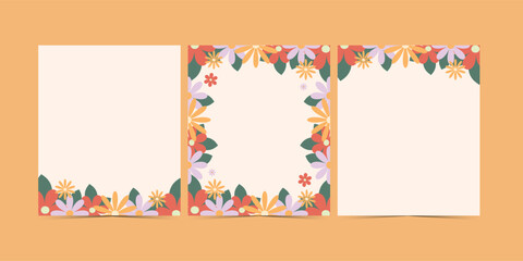 Set banner with multicolored flowers background. Design for printing cards, invitations for weddings, birthdays, and spring and summer holidays. © Iuliana