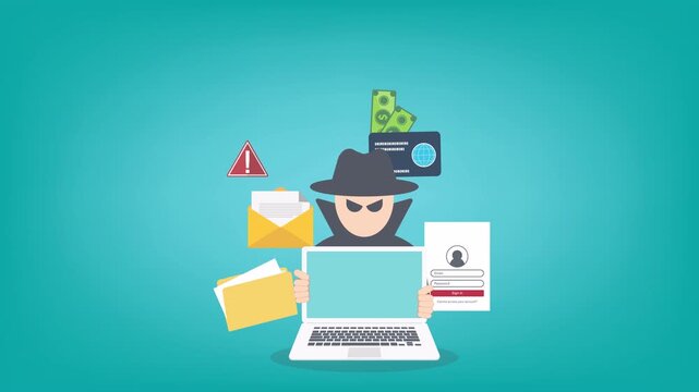 Cybersecurity Hacker Phishing Attack Animation with Malware Virus Email Scam and Data Theft Online Fraud Digital Security Threat Motion Graphics