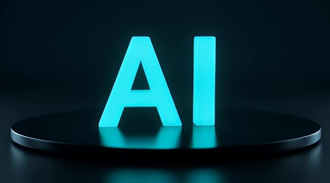 futuristic artificial intelligence logo in bright neon blue on a platform