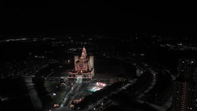 Night Drone Shot of Vrindavan Chandrodaya Temple Lit Hindu Temple Architecture