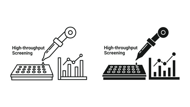 High-Throughput Screening Icons: Pipette, Microplate, and Data Analysis Graph
