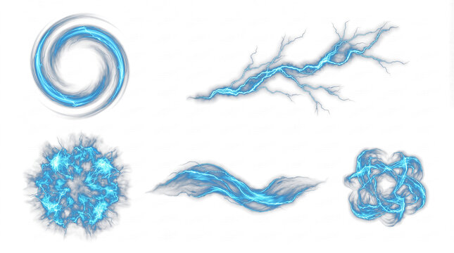 Realistic photograph of various dynamic blue electricity effects, power surges, and lightning energy elements.