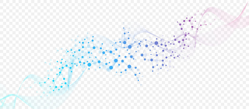 Modern abstract molecules structure for science or medical background. DNA helix or atom visualization. Molecular wave flow abstract background. Vector illustration