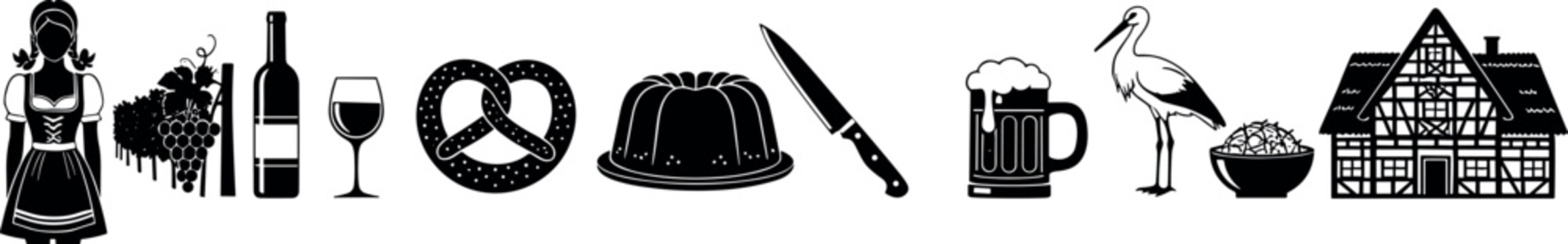 German culture silhouette icon set featuring dirndl, beer mug, pretzel, wine, stork, half-timbered house, and traditional food, European travel vector graphics.