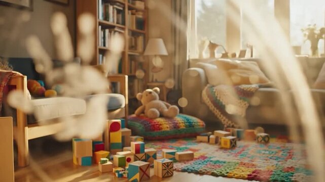 Child handprint and smudges on dirty glass surface in home interior blurry background family life daily mess