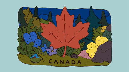 Naklejka premium Whimsical Hand Drawn Maple Leaf Canada Illustration With Playful Forest Plants, Colorful Botanical Landscape And Childlike Doodle Art Background