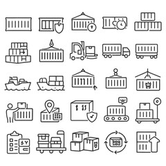 Fototapeta premium Hand-drawn icons of cargo handling and logistics operations.