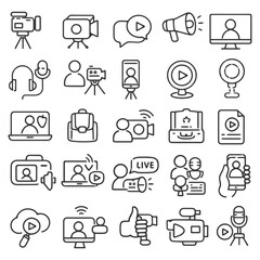 Fototapeta premium Line art icons depicting video communication and streaming concepts.