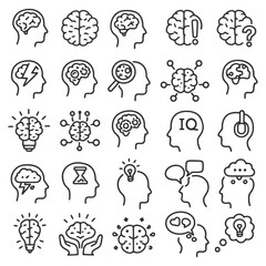 Obraz premium Icon set illustrating brain activity concepts with human profiles and symbols.