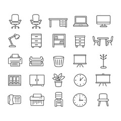 Fototapeta premium Office furniture and equipment icons set: chairs, desks, printers, clocks, and more.