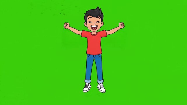 Happy Cartoon Boy Jumping and Cheering on Green Screen Background.