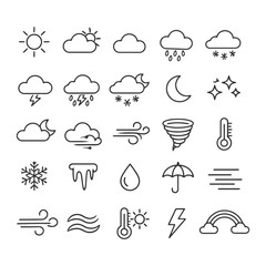 Naklejka premium Weather icons collection: sun, clouds, rain, snow, wind, thunderstorm, moon, stars.