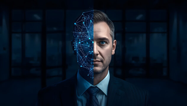 Executive Leader with Half Human Face and Half Digital Machine Grid, Dark Modern Office Background, AI Powered Leadership Concept