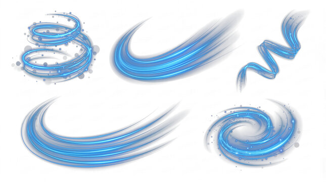 Collection of blue light trails and speed effects with sparkling particles on a transparent background.