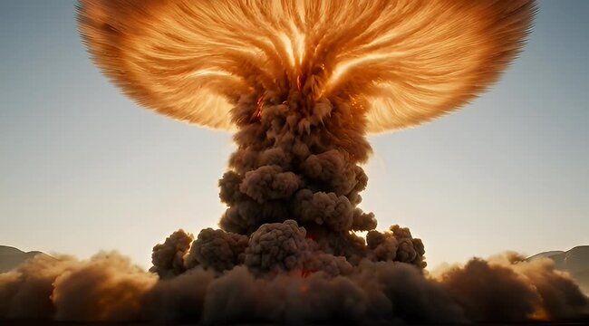 Dramatic and colossal mushroom cloud rising against a clear sky landscape