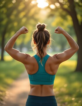 Primavera: Sport, allenamento e fitness all'aperto, giovane donna che si allena in un parco in primavera