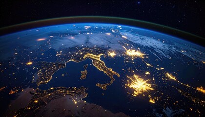 Fototapeta premium Earth at Night from Space Showing City Lights Over Europe.