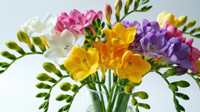 Vibrant Bouquet of Freesia Flowers in Various Colors in a Glass Vase