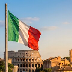 Italian Flag on Left Side with Blurred Rome Architecture Copy Space