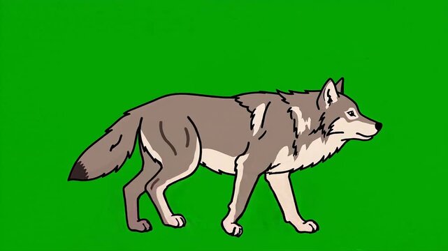 Gray wolf, cartoon animal, green background, illustration, wildlife creature