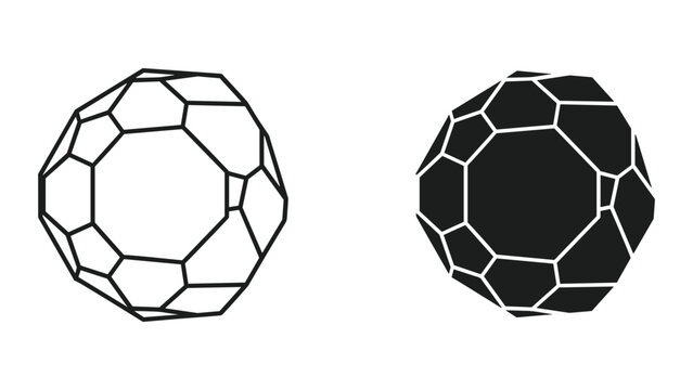 Buckminsterfullerene C60 molecule, iconic fullerene structure, line art and solid icon