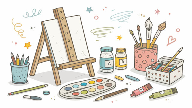 Hand drawn art studio items set including easel paints brushes pencils and canvas on white background with colorful doodles