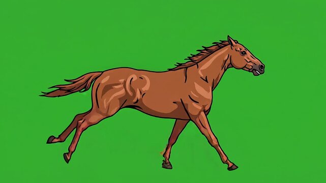 Brown horse, running horse, cartoon horse, green background, equine illustration