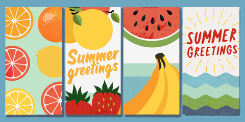 Colorful summer fruits and greetings arranged in a patterned vertical layout © Prosanta