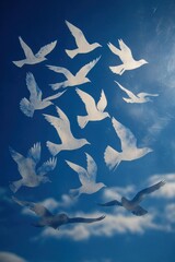 Paper stencil of flying birds cut into large sheet revealing bright blue sky behind, minimalist concept of freedom.
