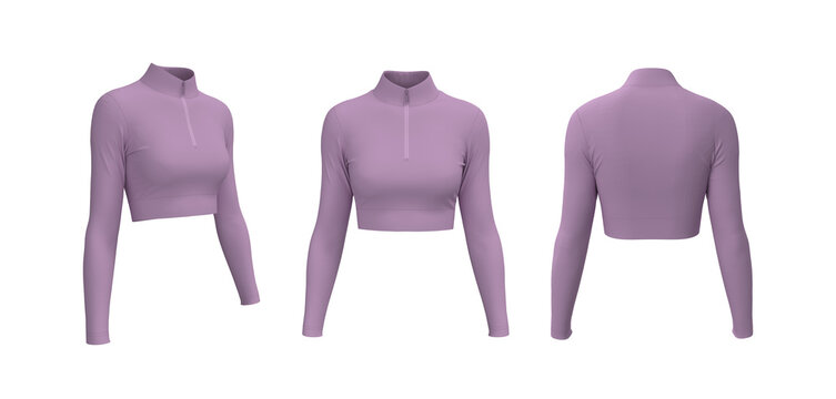 Women&rsquo;s High-Neck Half-Zip Long Sleeve Cropped Workout Shirt Mockup. Front and Back View	