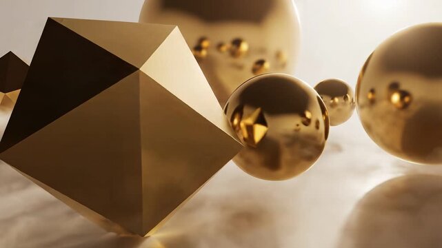 Abstract Golden Geometric Shapes Floating in Ethereal Mist.