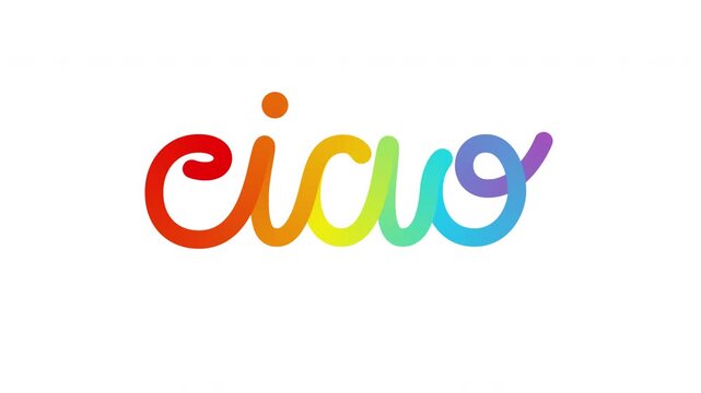 Colorful ciao word write on text effect with curved ribbon stroke forming playful lettering symbol of greeting welcome and celebration isolated on transparent background with rainbow gradient