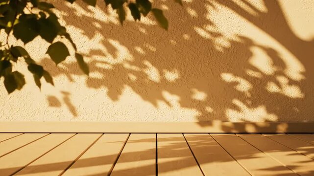Sunlight dappled shadows of leaves and branches on textured wall and wooden deck