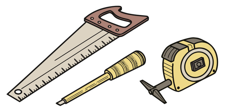 A variety of measuring tools including a ruler, tape measure, and spirit level