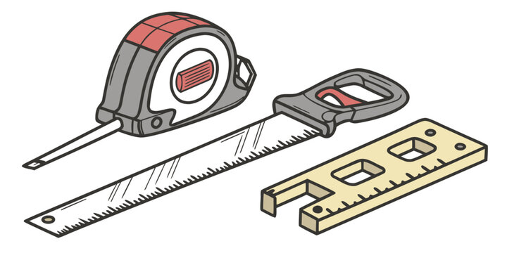 A variety of measuring tools including a tape measure, a folding ruler, and a level.