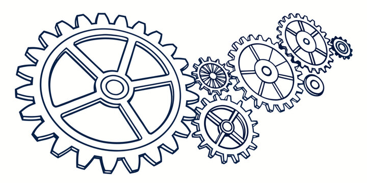 Intricate blue and white mechanical gears interlocking in a complex pattern