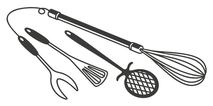 A variety of kitchen utensils including a whisk, tongs, and a spatula