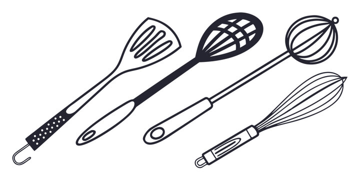 Assorted kitchen utensils displayed in a row for cooking and baking