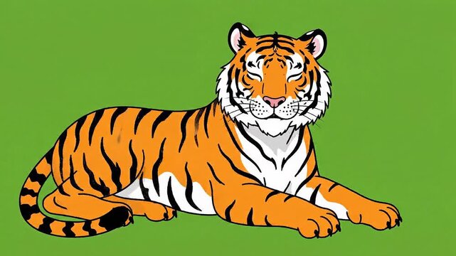 Majestic Tiger Resting Peacefully on a Vibrant Green Background.