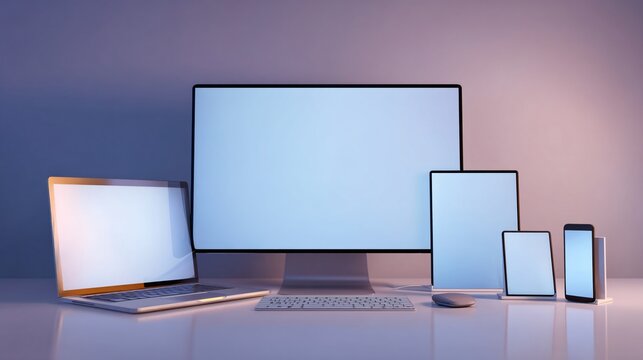 Multiple electronic devices with blank screens on a desk