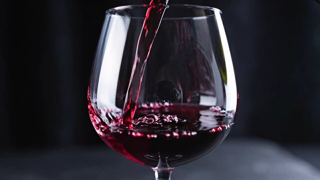 Red wine pouring into glass, wineglass with redwine, alcoholic drink, close-up