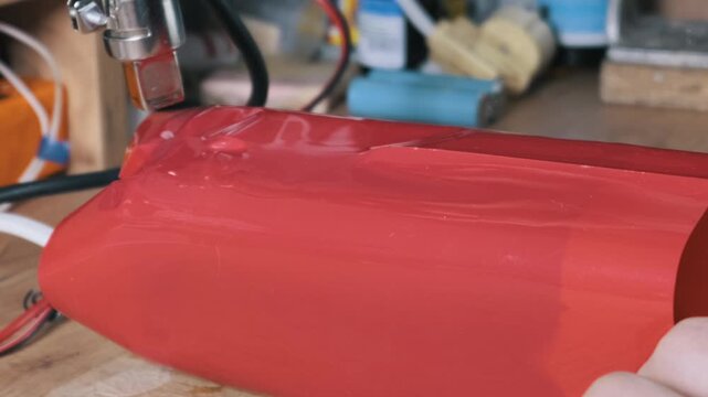 A close-up shows a heat gun shrinking red PVC tubing around a lithium-ion battery pack on a workbench. Concept of DIY electronics, energy storage solutions, and technical assembly.