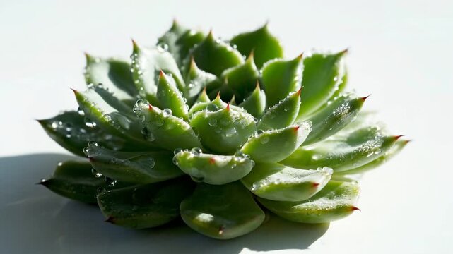Close-up of a vibrant green succulent plant with water droplets on its leaves, set against a bright white background, showcasing its intricate rosette pattern and fresh appearance.