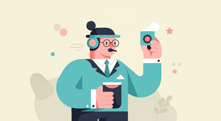 Fototapeta premium Flat illustration of a business person with headset holding a drink