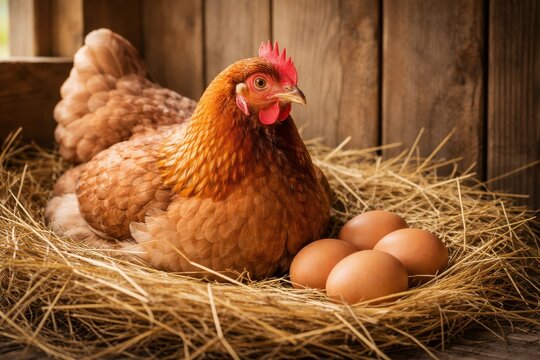 Brown hen sitting on straw nest with fresh eggs in rustic wooden coop farm interior setting