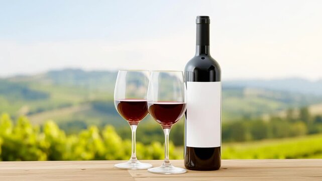 Red wine bottle with blank label and two glasses set on wooden table in vineyard landscape