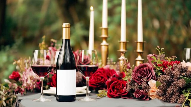 Romantic table setting with a red wine bottle with blank label and floral accents