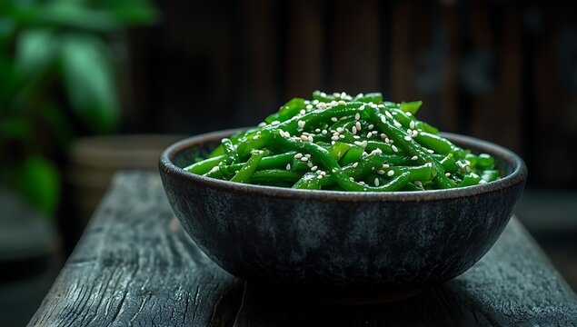 A dark brown bowl filled with steaming green beans garnished with sesame seeds