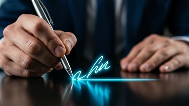 Close-up of a businessman hand signing a digital contract with a glowing blue electronic signature. Modern technology and paperless business concept