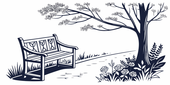 A serene park bench under a tree with a beautiful landscape view.